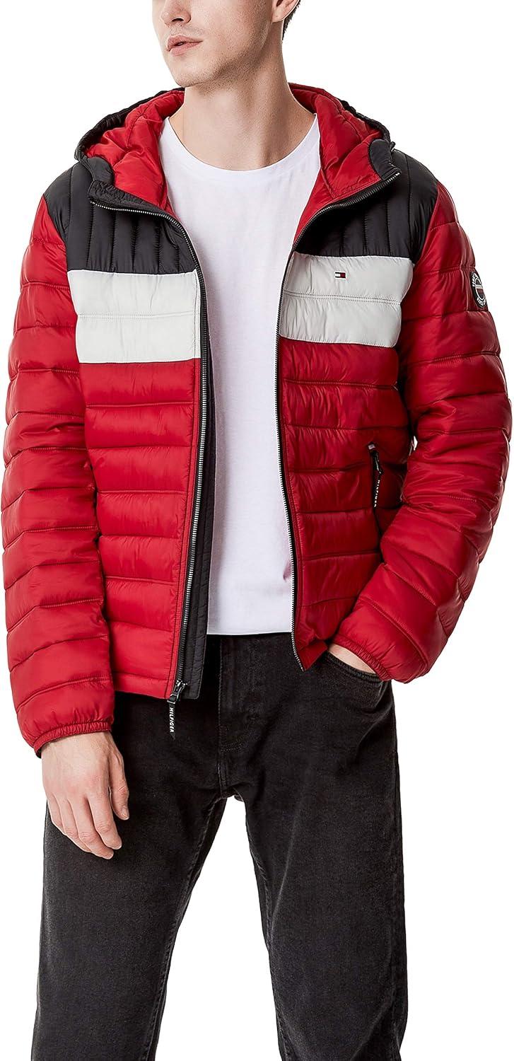 imageTommy Hilfiger Mens Water Resistant Ultra Loft Filled Hooded Puffer JacketBlackIceRed Colorblock