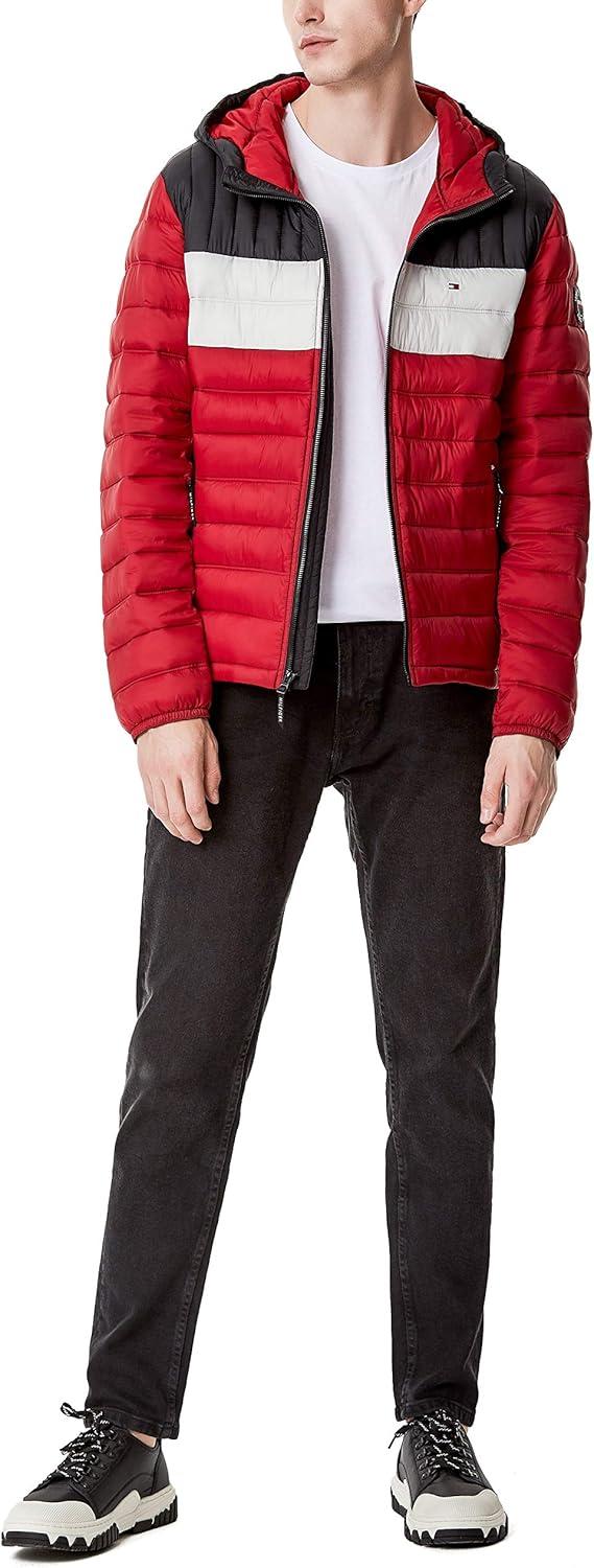 imageTommy Hilfiger Mens Water Resistant Ultra Loft Filled Hooded Puffer JacketBlackIceRed Colorblock