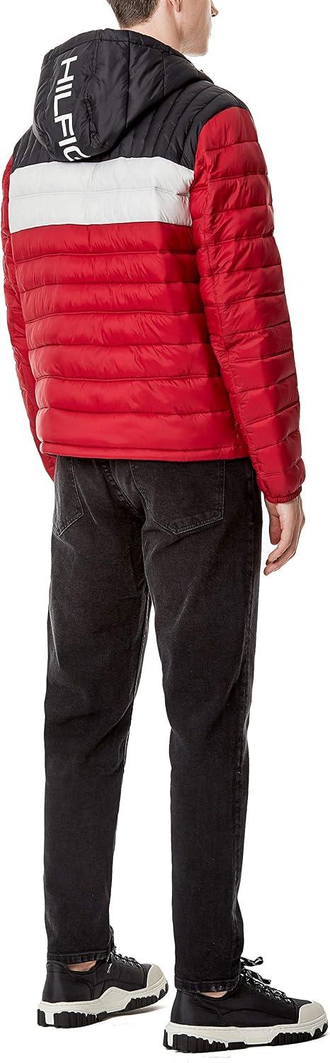 imageTommy Hilfiger Mens Water Resistant Ultra Loft Filled Hooded Puffer JacketBlackIceRed Colorblock