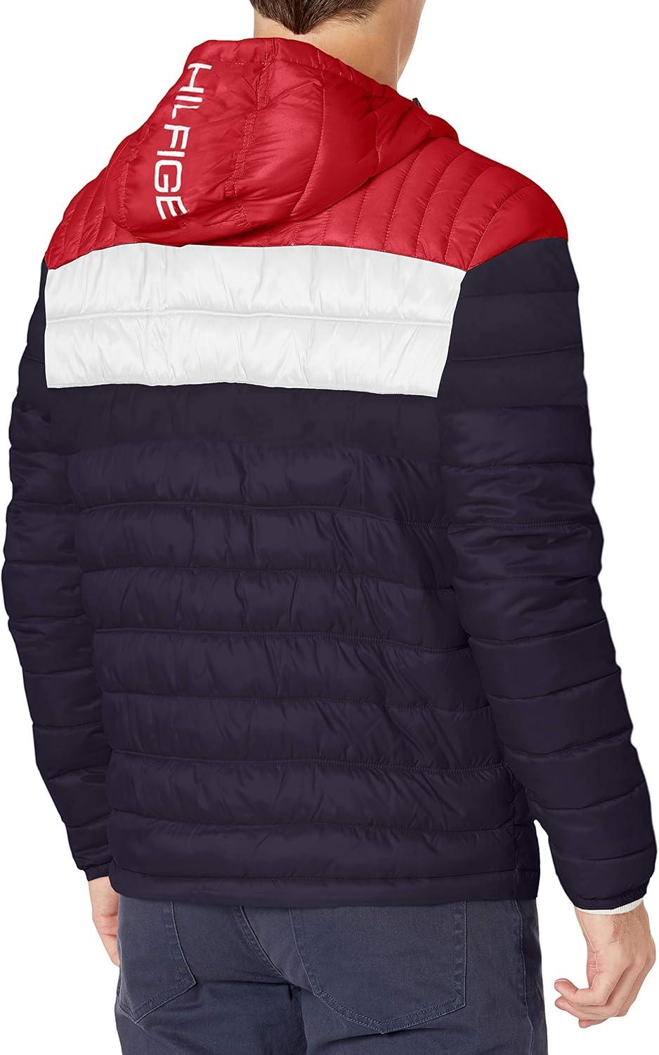 imageTommy Hilfiger Mens Water Resistant Ultra Loft Filled Hooded Puffer JacketMidnightIceRed Flag Colorblock