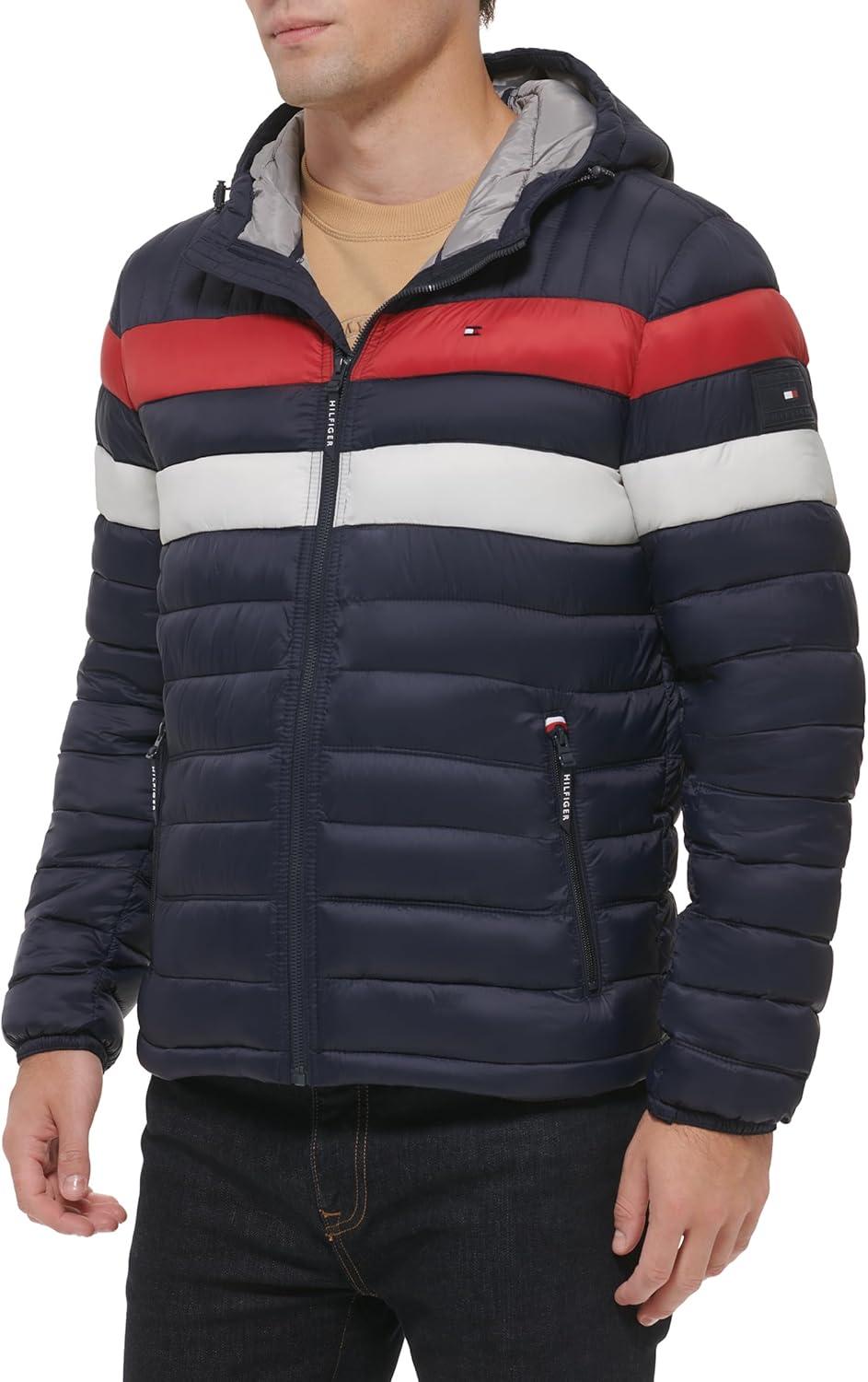 imageTommy Hilfiger Mens Water Resistant Ultra Loft Filled Hooded Puffer JacketNavyRed