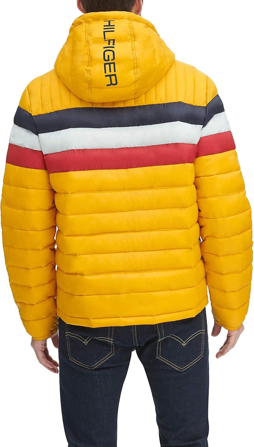 imageTommy Hilfiger Mens Water Resistant Ultra Loft Filled Hooded Puffer JacketYellow Tricolor Stripe