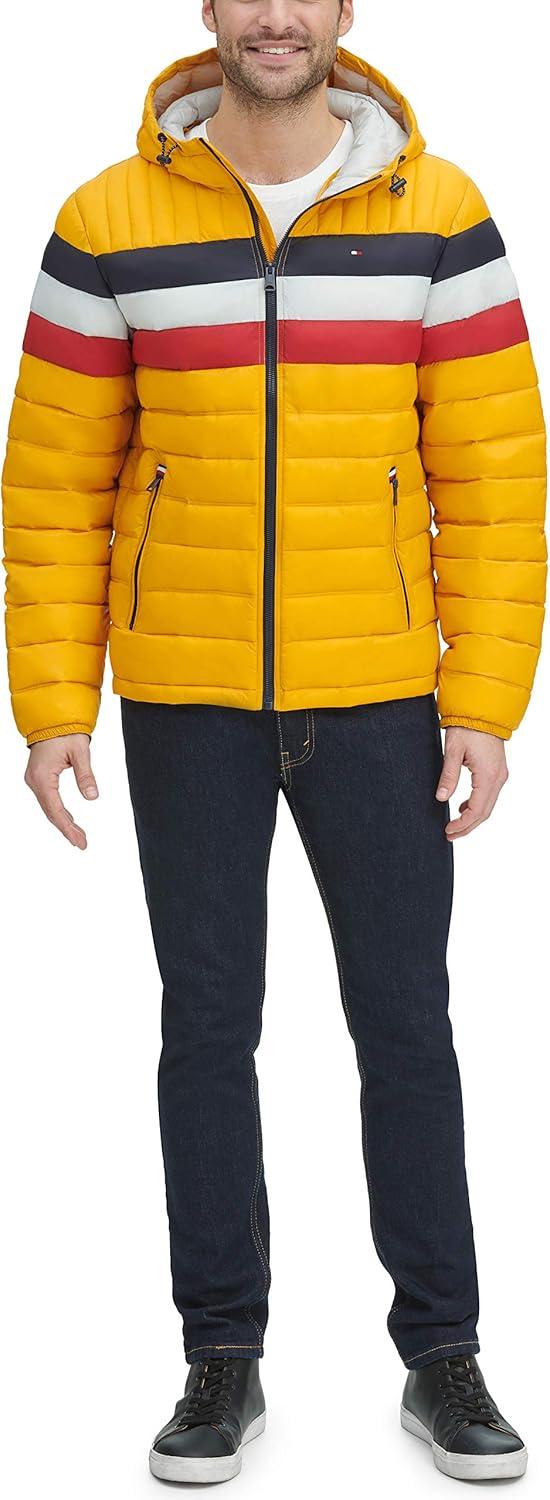 imageTommy Hilfiger Mens Water Resistant Ultra Loft Filled Hooded Puffer JacketYellow Tricolor Stripe