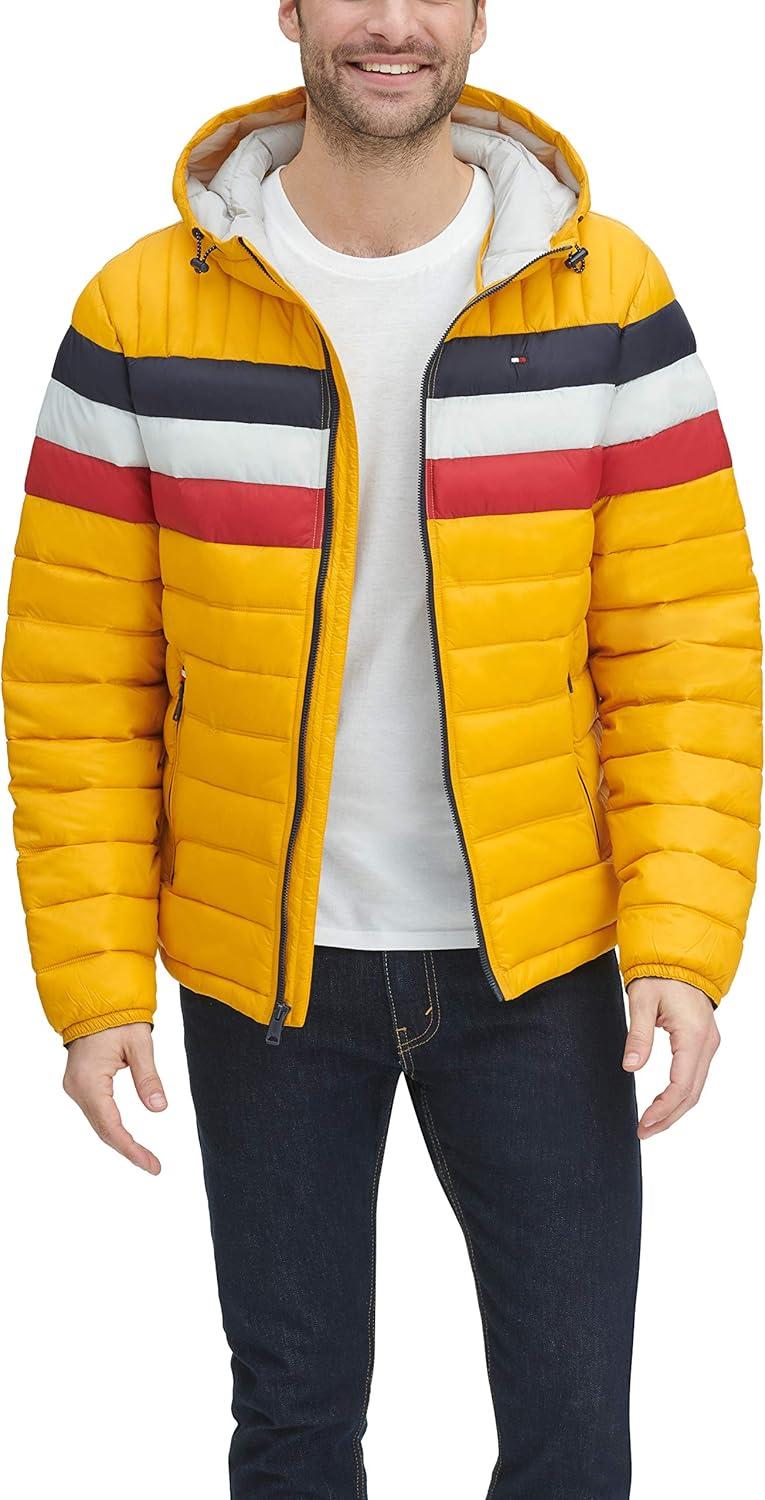 imageTommy Hilfiger Mens Water Resistant Ultra Loft Filled Hooded Puffer JacketYellow Tricolor Stripe