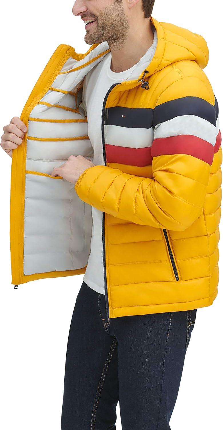 imageTommy Hilfiger Mens Water Resistant Ultra Loft Filled Hooded Puffer JacketYellow Tricolor Stripe