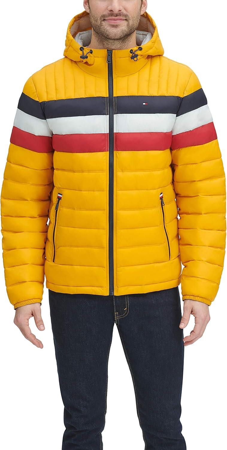 imageTommy Hilfiger Mens Water Resistant Ultra Loft Filled Hooded Puffer JacketYellow Tricolor Stripe