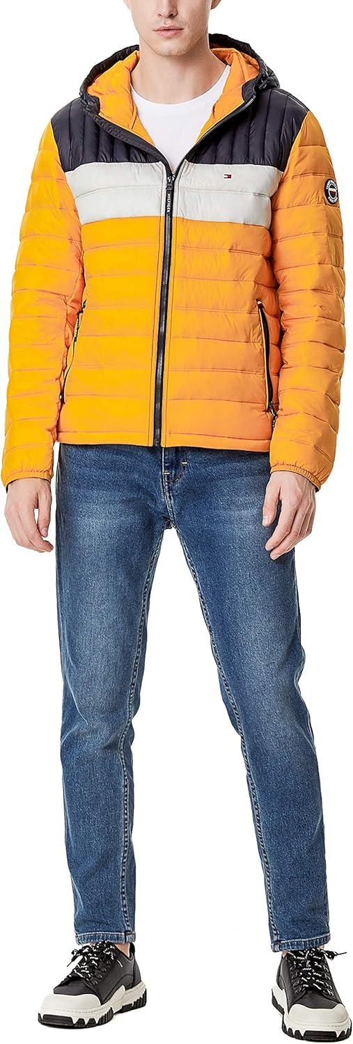 imageTommy Hilfiger Mens Water Resistant Ultra Loft Filled Hooded Puffer JacketYellowIceNavy Colorblock