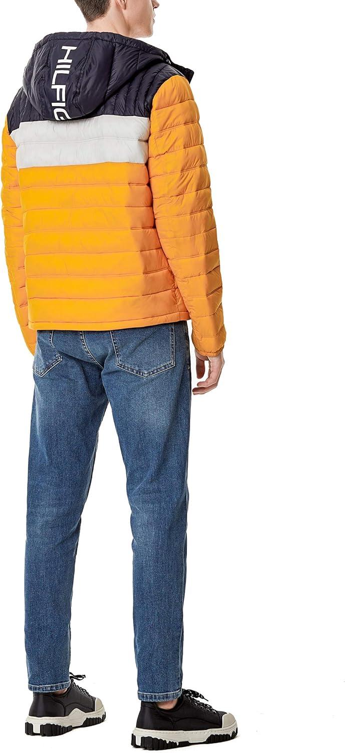 imageTommy Hilfiger Mens Water Resistant Ultra Loft Filled Hooded Puffer JacketYellowIceNavy Colorblock