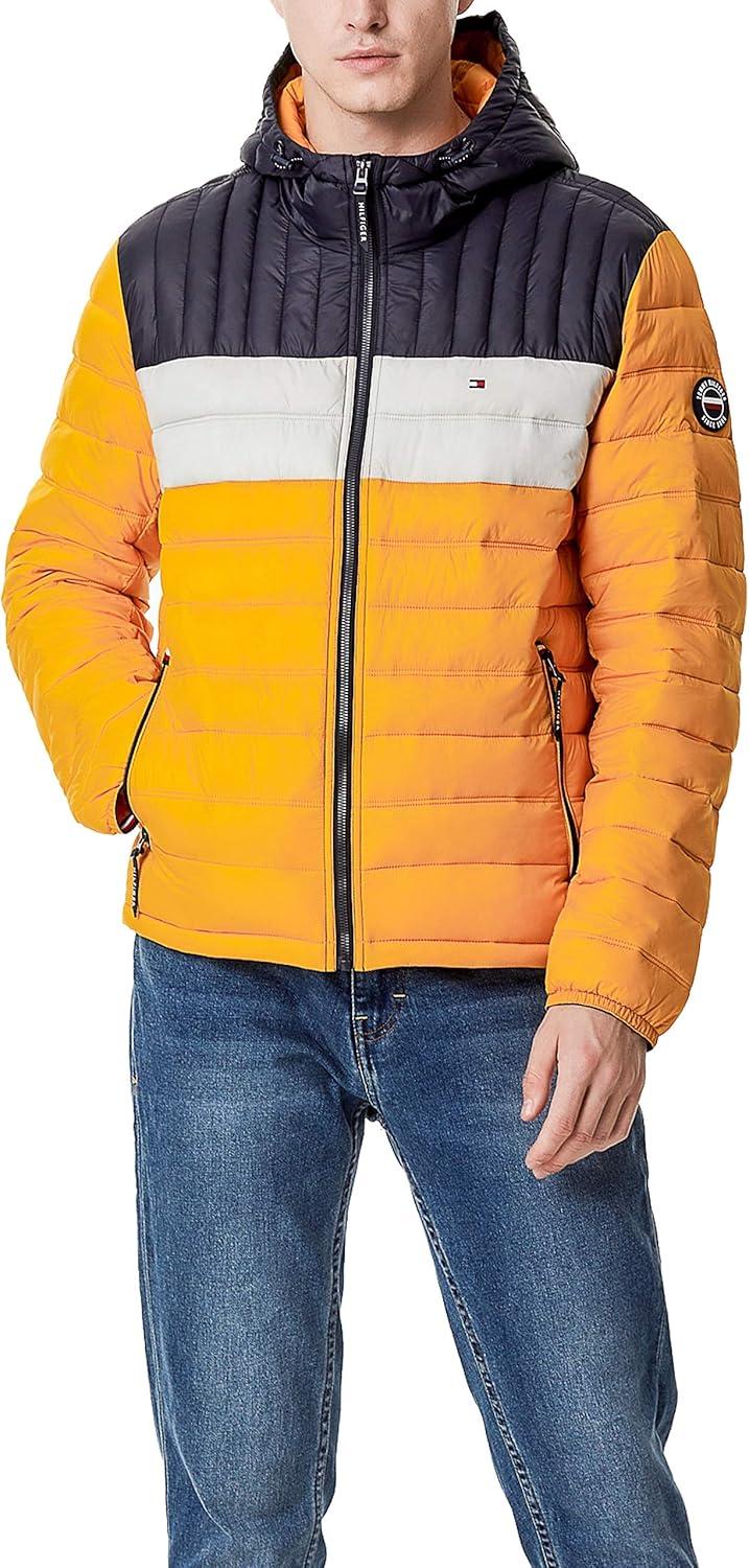 imageTommy Hilfiger Mens Water Resistant Ultra Loft Filled Hooded Puffer JacketYellowIceNavy Colorblock
