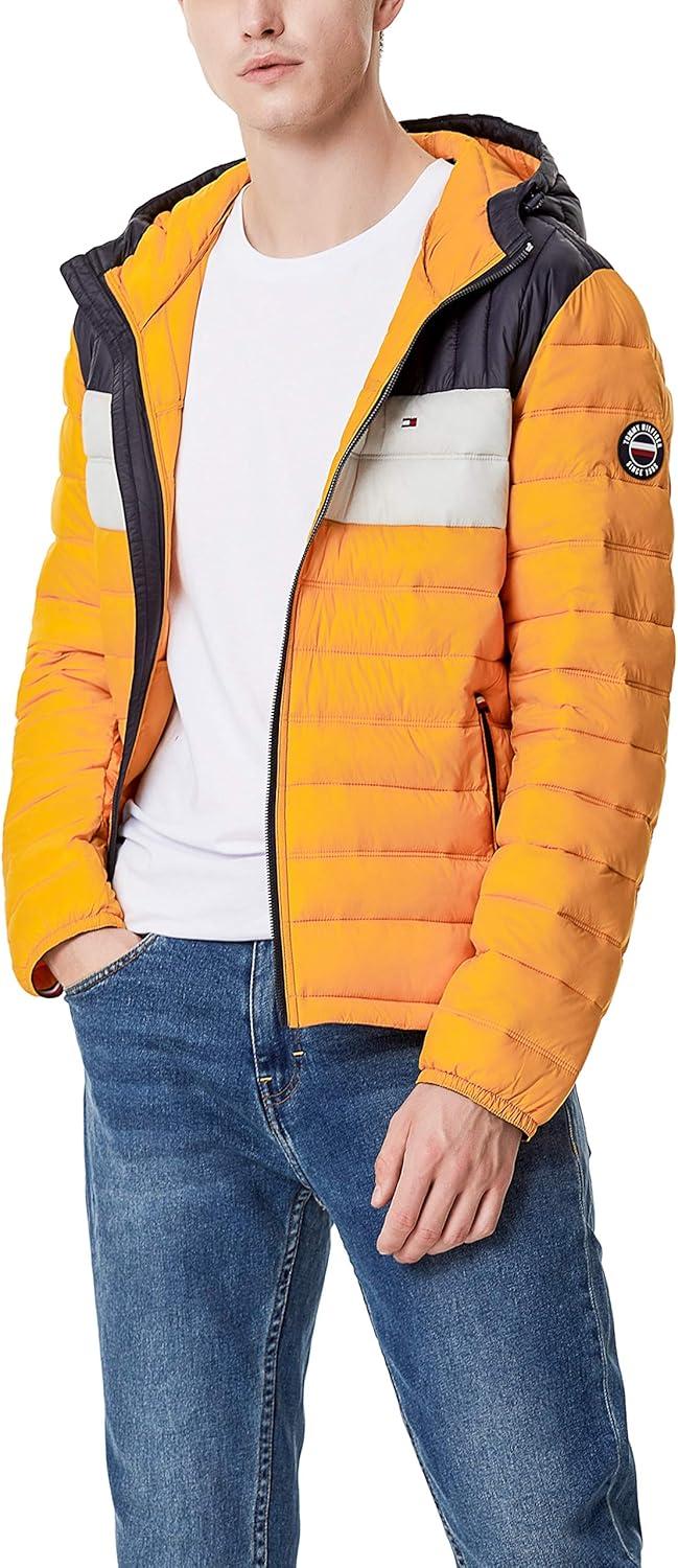 imageTommy Hilfiger Mens Water Resistant Ultra Loft Filled Hooded Puffer JacketYellowIceNavy Colorblock