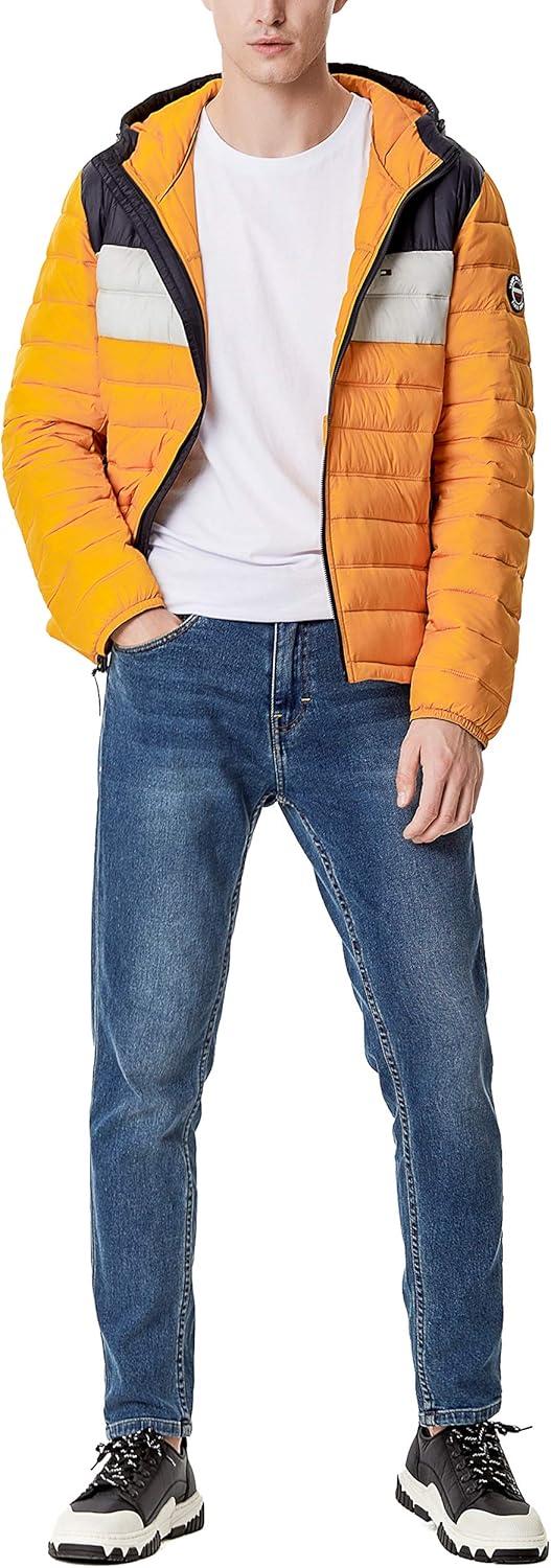 imageTommy Hilfiger Mens Water Resistant Ultra Loft Filled Hooded Puffer JacketYellowIceNavy Colorblock