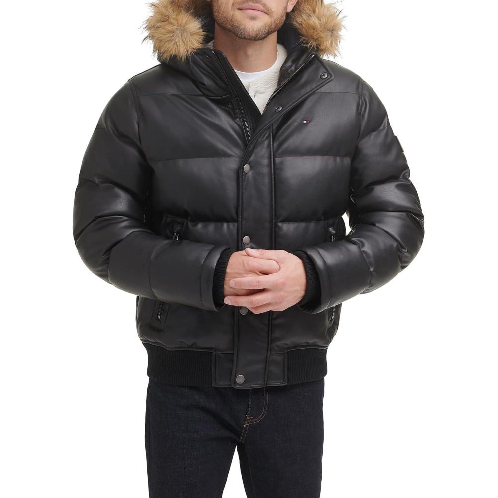 imageTommy Hilfiger Mens Arctic Cloth Quilted Snorkel Bomber Jacket Standard and Big amp TallBlack Faux Leather
