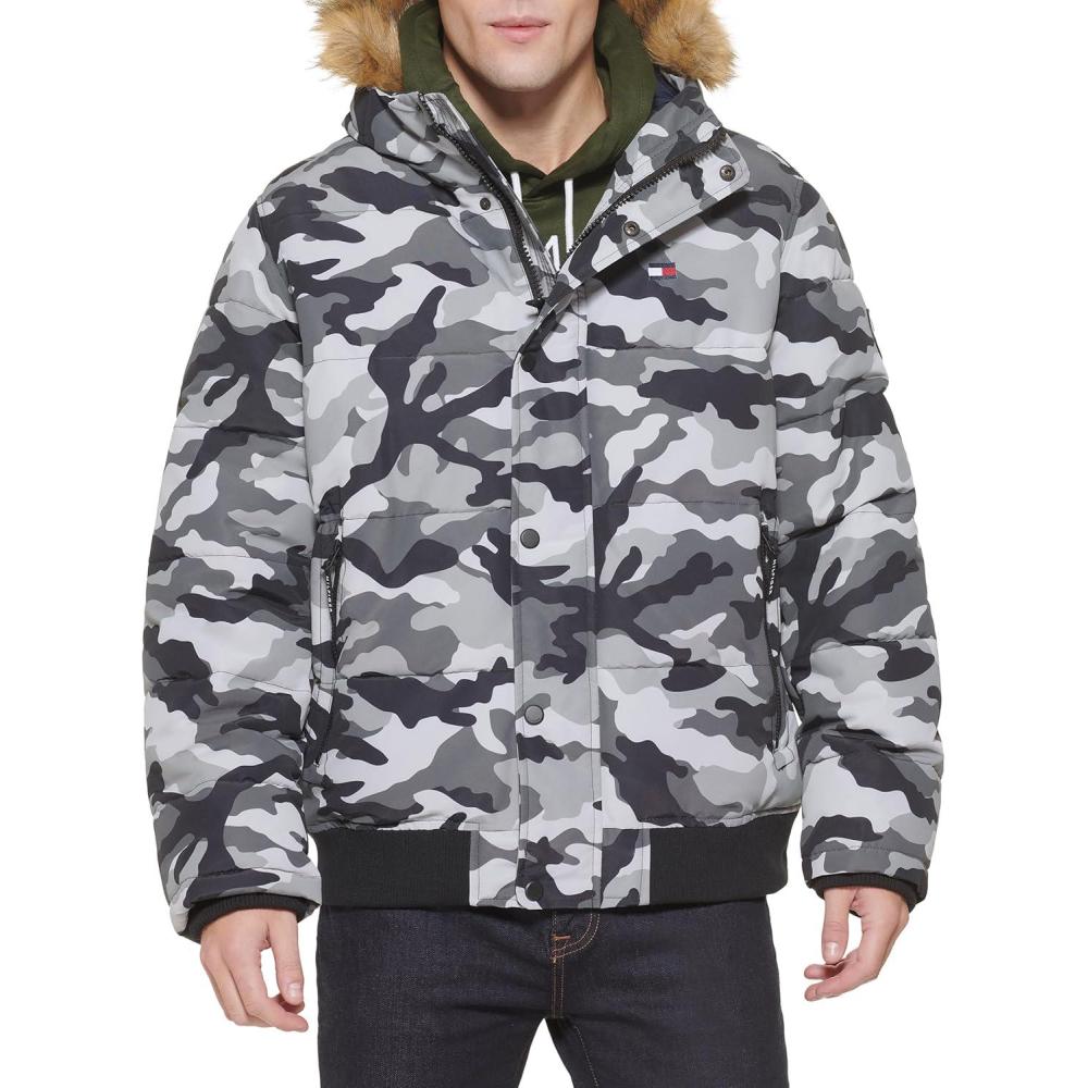 imageTommy Hilfiger Mens Arctic Cloth Quilted Snorkel Bomber Jacket Standard and Big amp TallGrey Camo