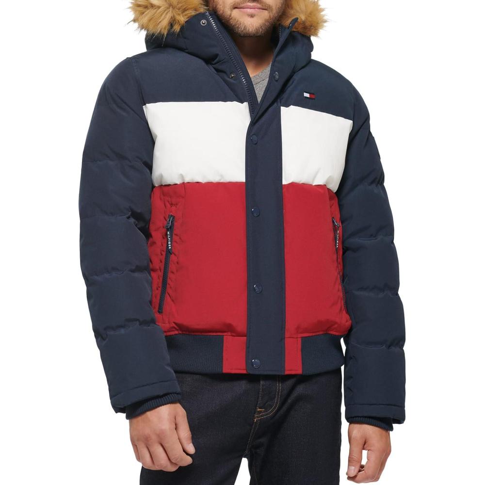 imageTommy Hilfiger Mens Arctic Cloth Quilted Snorkel Bomber Jacket Standard and Big amp TallMidnightIceRed