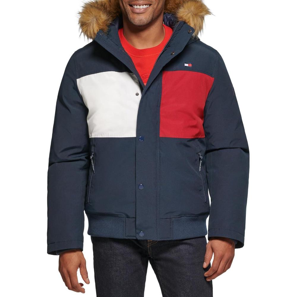 imageTommy Hilfiger Mens Arctic Cloth Quilted Snorkel Bomber Jacket Standard and Big amp TallNavy Flag Print