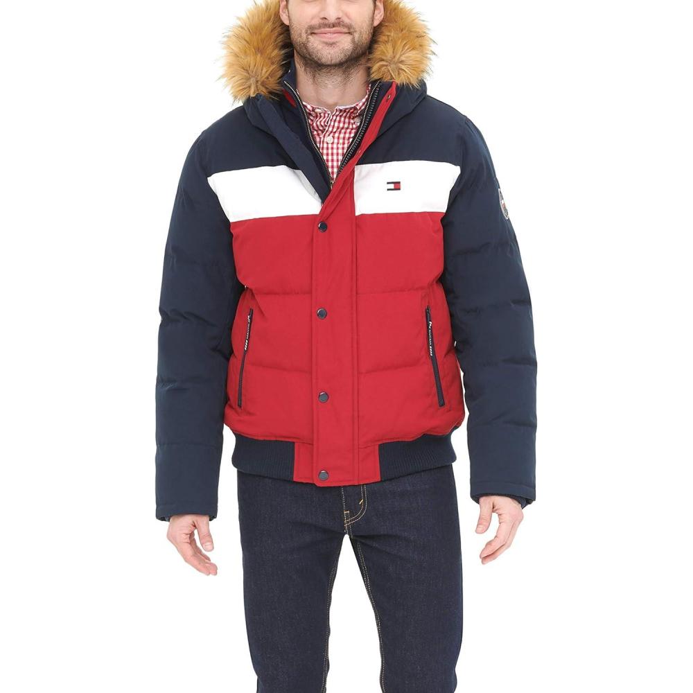 imageTommy Hilfiger Mens Arctic Cloth Quilted Snorkel Bomber Jacket Standard and Big amp TallNavyWhiteRed