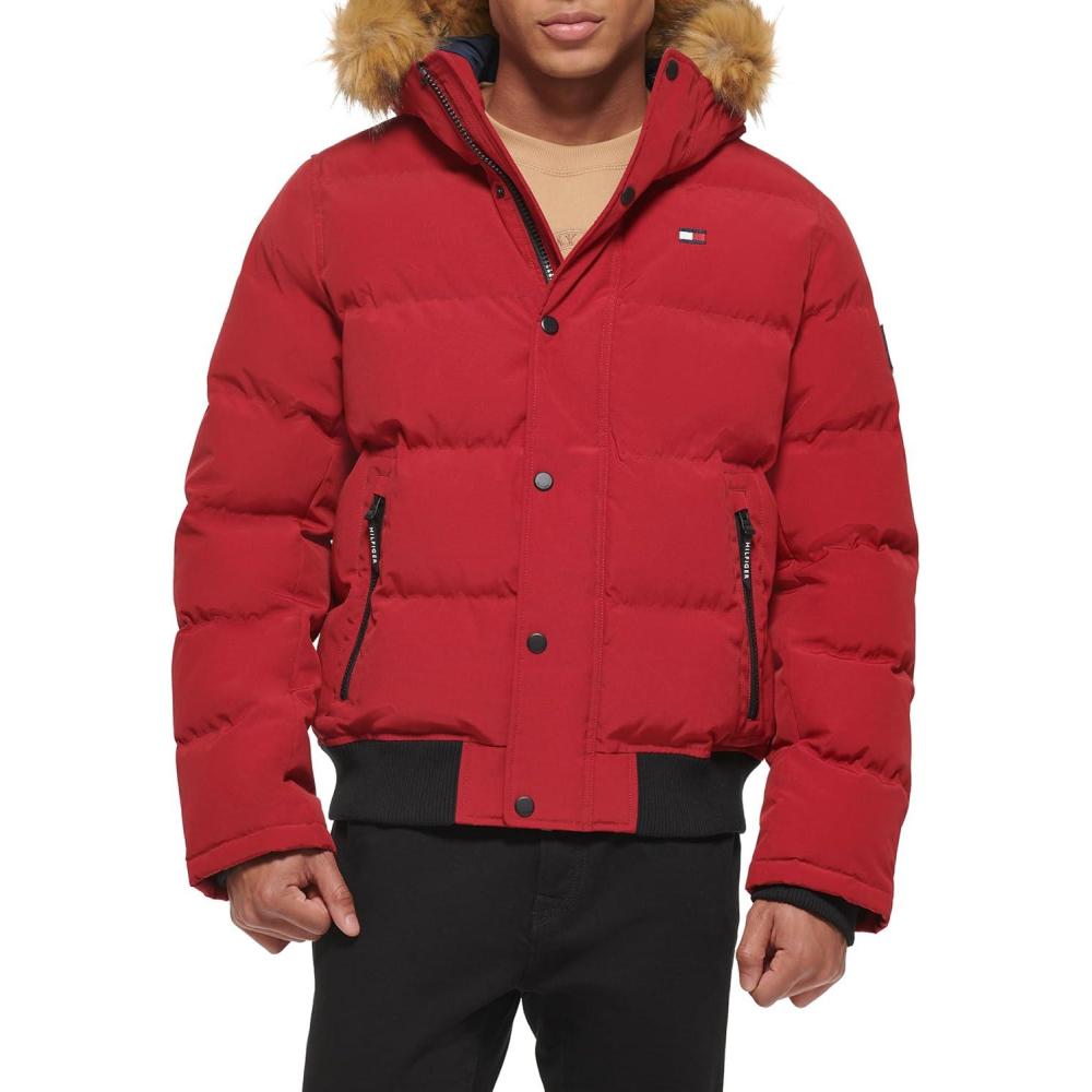 imageTommy Hilfiger Mens Arctic Cloth Quilted Snorkel Bomber Jacket Standard and Big amp TallRed