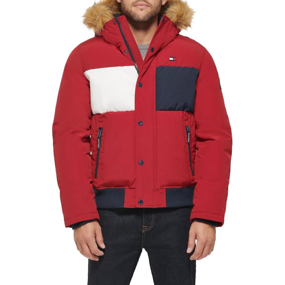 imageTommy Hilfiger Mens Arctic Cloth Quilted Snorkel Bomber Jacket Standard and Big amp TallRed Flag Print