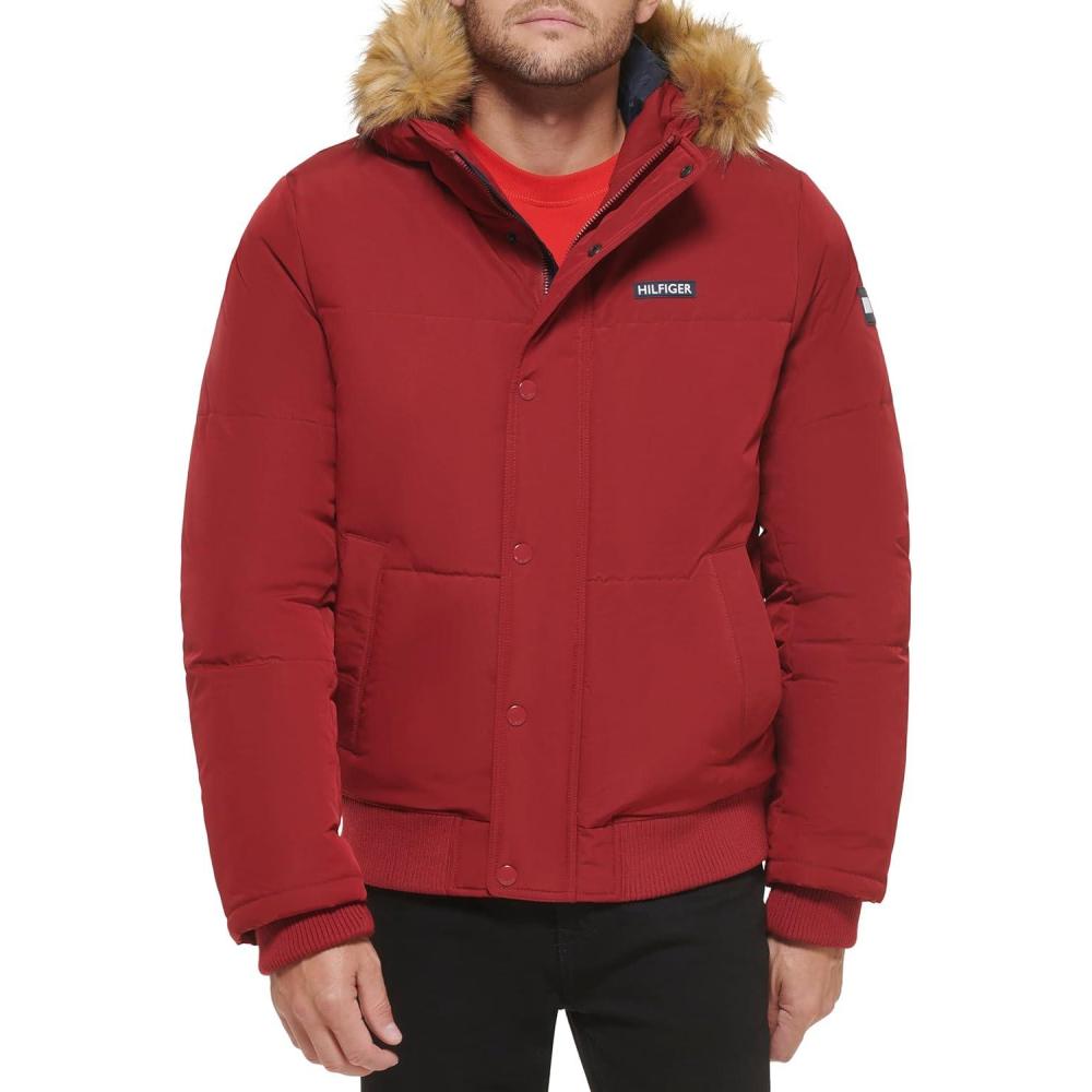 imageTommy Hilfiger Mens Arctic Cloth Quilted Snorkel Bomber Jacket Standard and Big amp TallRed Tech