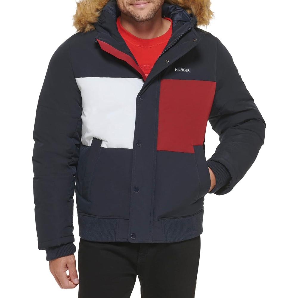 imageTommy Hilfiger Mens Arctic Cloth Quilted Snorkel Bomber Jacket Standard and Big amp TallTommy Logo Print