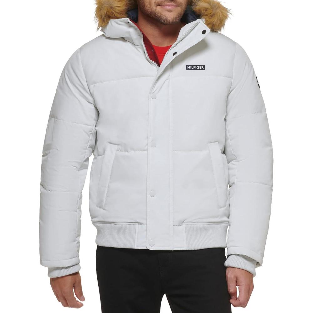 imageTommy Hilfiger Mens Arctic Cloth Quilted Snorkel Bomber Jacket Standard and Big amp TallWhite Tech