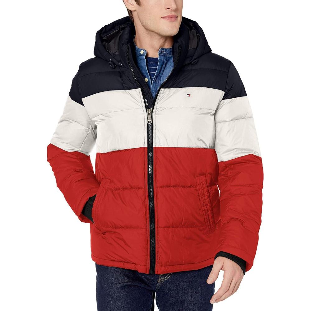 imageTommy Hilfiger Mens Down Alternative Hooded Puffer Jacket Standard and Big amp TallMidnightIceOrange Color Block