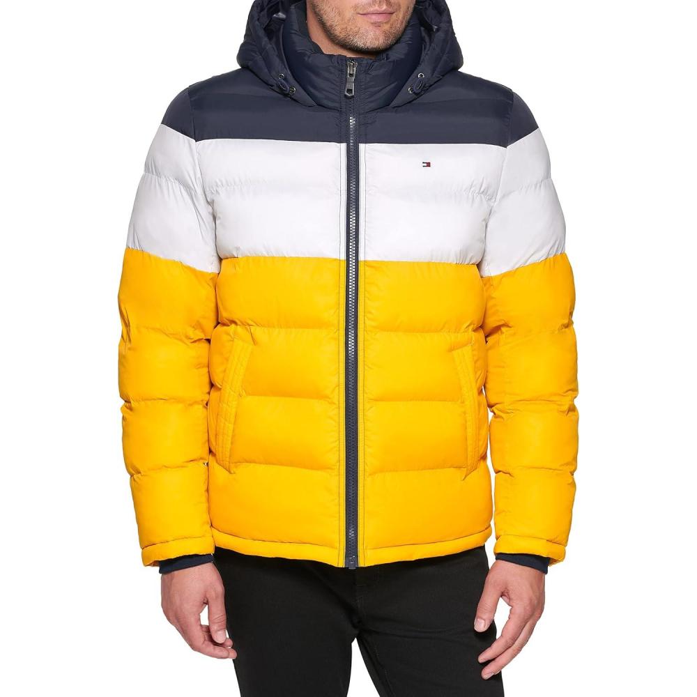 imageTommy Hilfiger Mens Down Alternative Hooded Puffer Jacket Standard and Big amp TallMidnightIceYellow