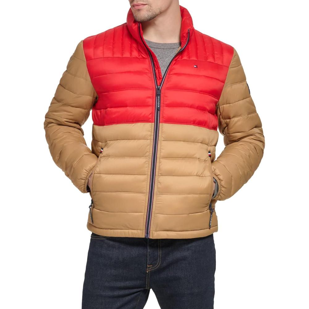 imageTommy Hilfiger Mens Embroidered Logo Puffer JacketKhakiRed Colorblock