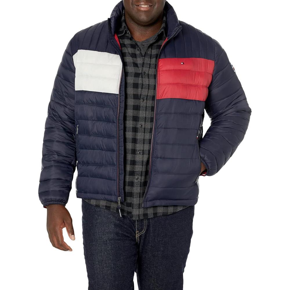 imageTommy Hilfiger Mens Embroidered Logo Puffer JacketNavy Flag Colorblock