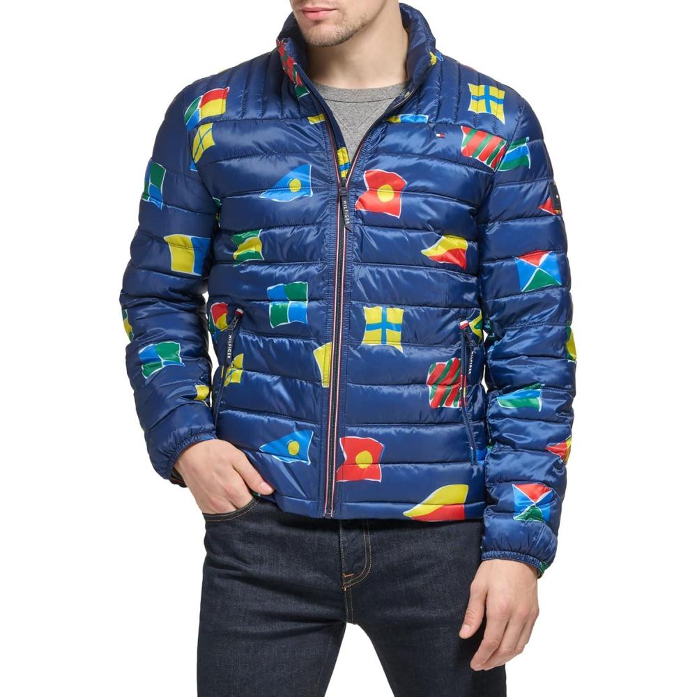 imageTommy Hilfiger Mens Embroidered Logo Puffer JacketNavy Flag Print