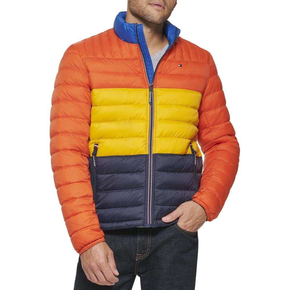 imageTommy Hilfiger Mens Embroidered Logo Puffer JacketOrangeYellowMidnight Colorblock