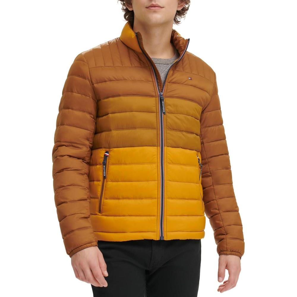 imageTommy Hilfiger Mens Embroidered Logo Puffer JacketTanBrown Colorblock