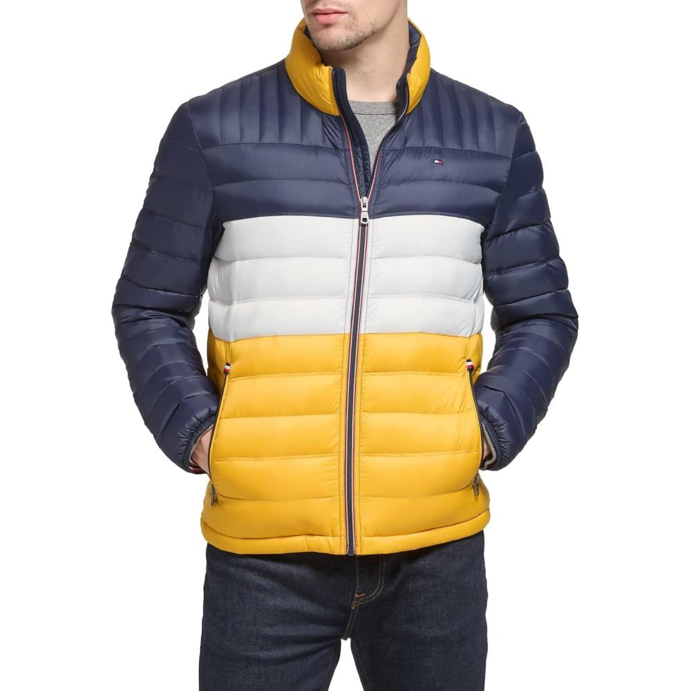 imageTommy Hilfiger Mens Embroidered Logo Puffer JacketYellowNavy Colorblock