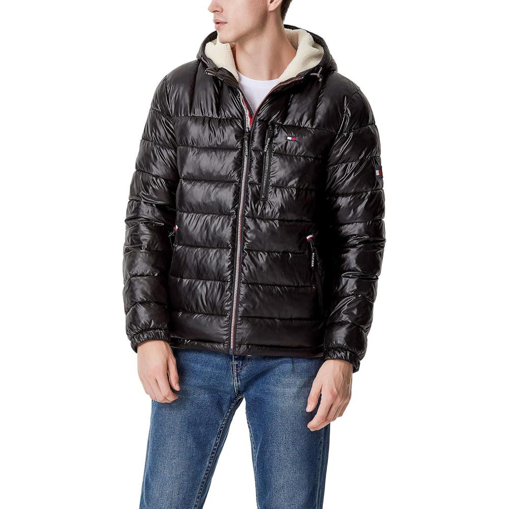 imageTommy Hilfiger Mens Midweight Sherpa Lined Hooded Water Resistant Puffer JacketBlack