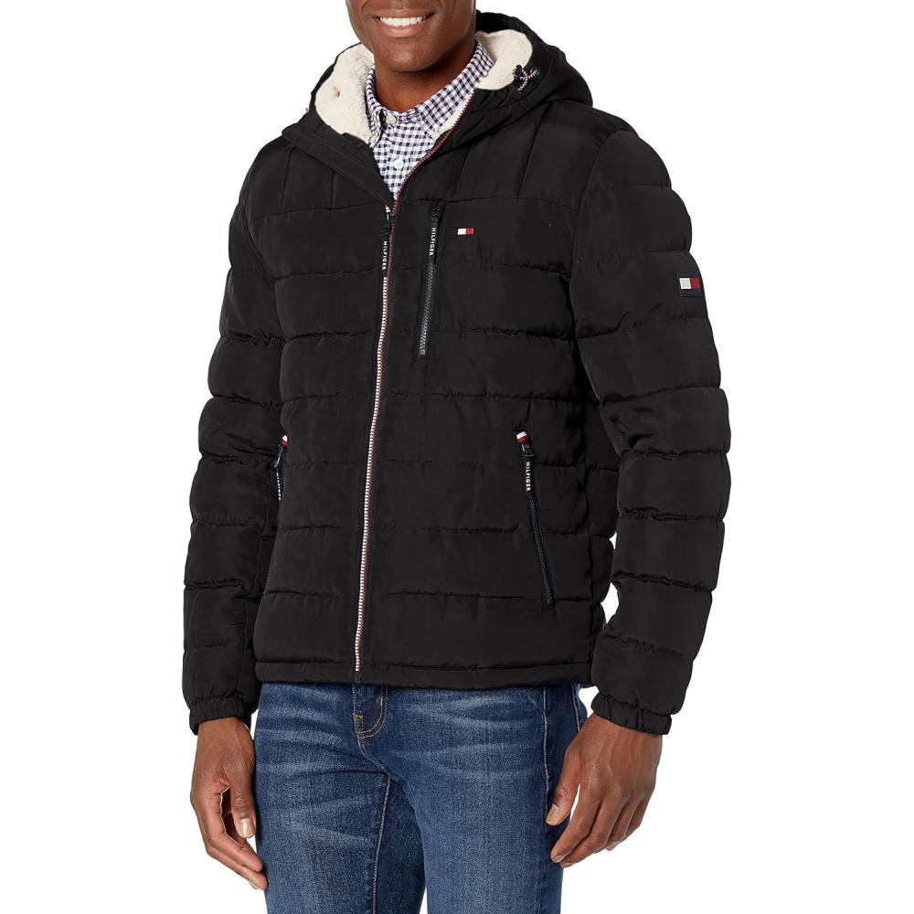 imageTommy Hilfiger Mens Midweight Sherpa Lined Hooded Water Resistant Puffer JacketBlack Tech