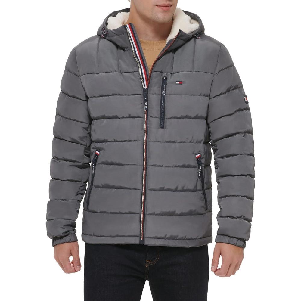 imageTommy Hilfiger Mens Midweight Sherpa Lined Hooded Water Resistant Puffer JacketCharcoal Tech