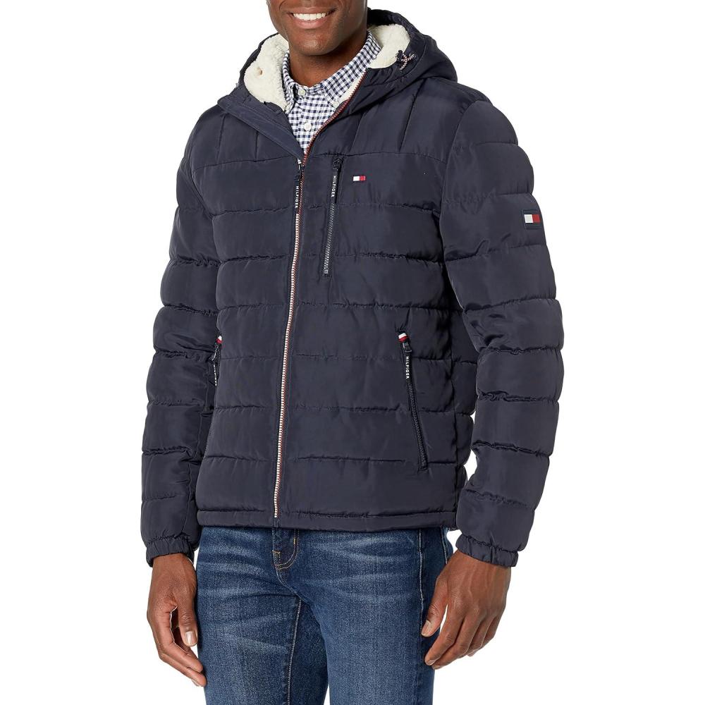 imageTommy Hilfiger Mens Midweight Sherpa Lined Hooded Water Resistant Puffer JacketMidnight Tech