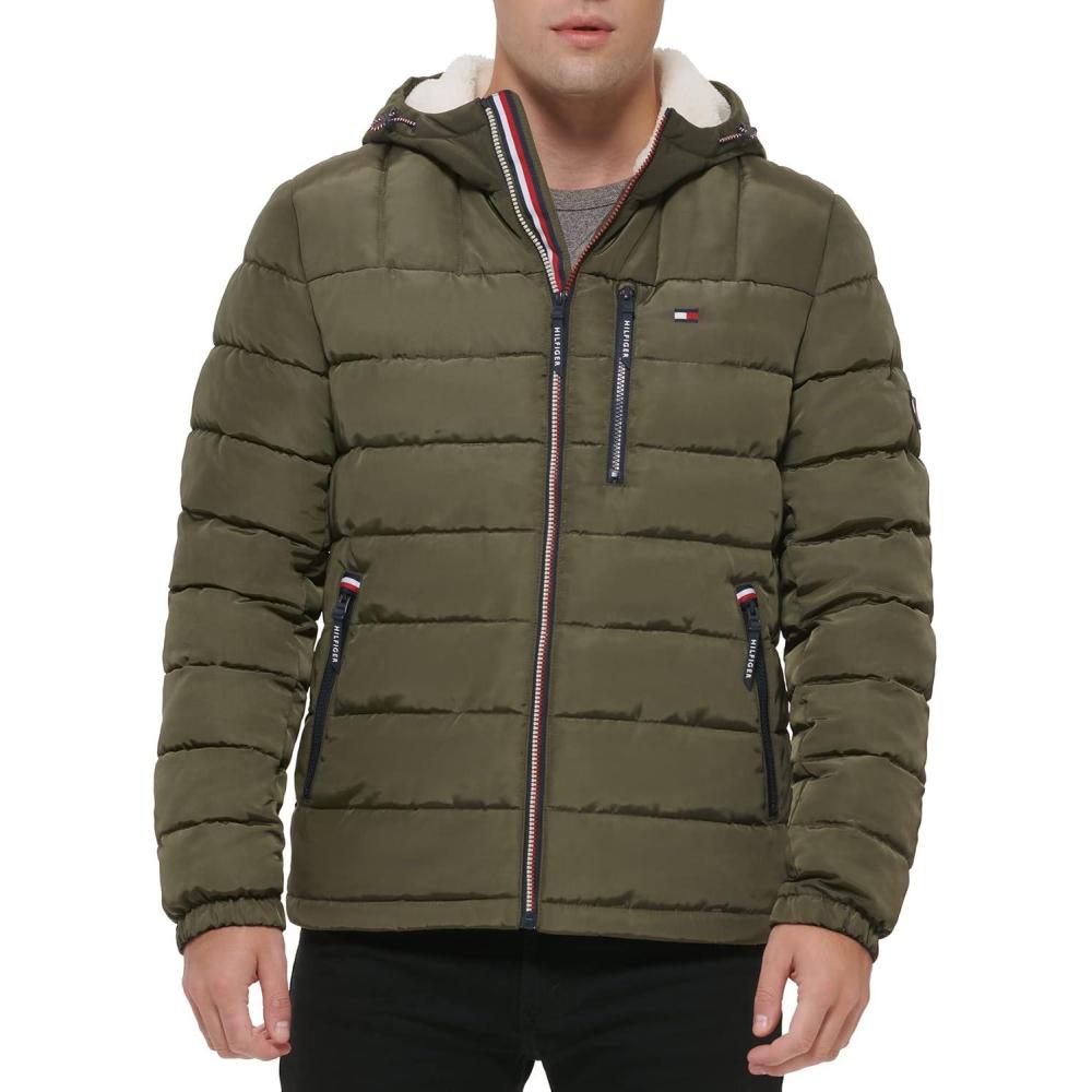 imageTommy Hilfiger Mens Midweight Sherpa Lined Hooded Water Resistant Puffer JacketOlive Tech