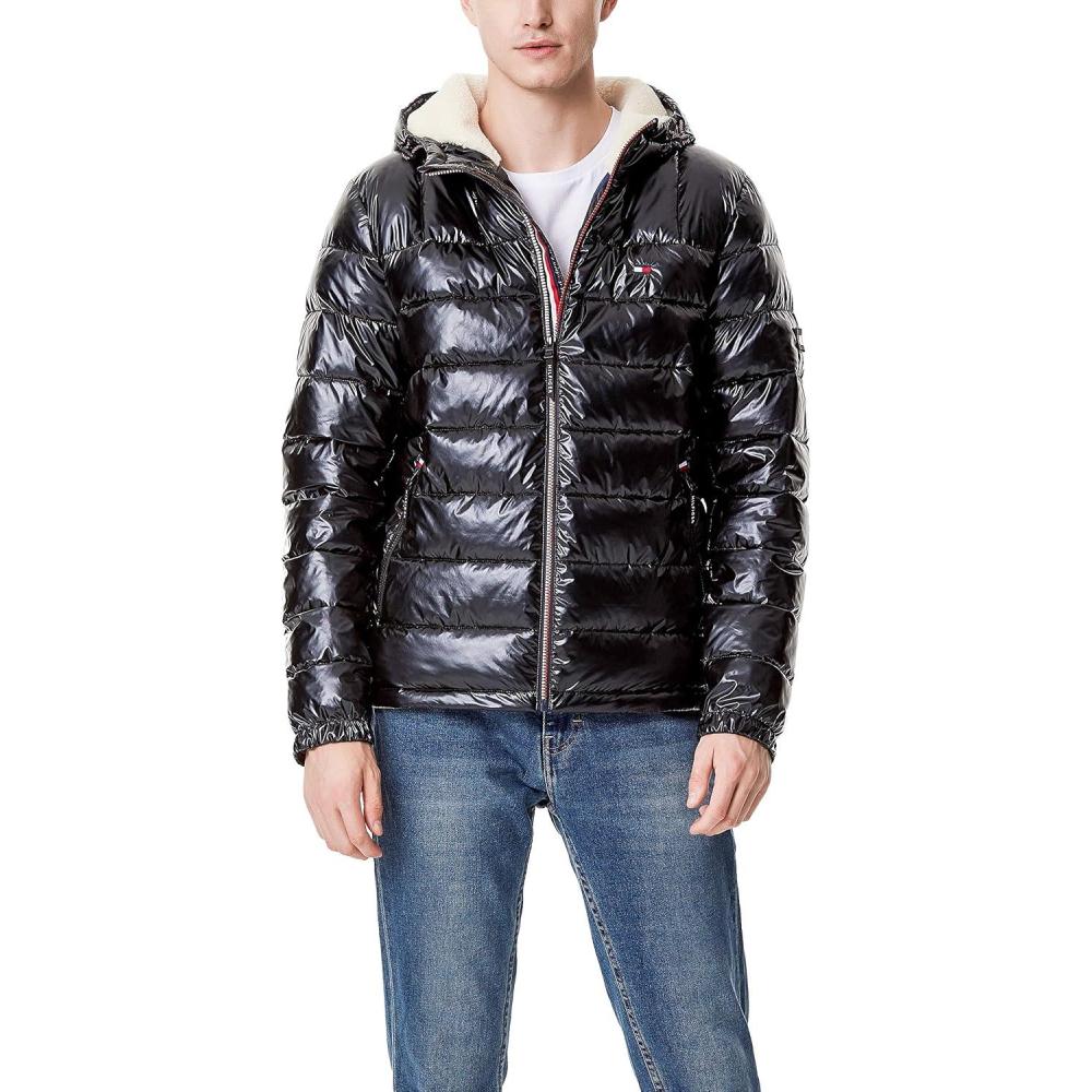 imageTommy Hilfiger Mens Midweight Sherpa Lined Hooded Water Resistant Puffer JacketPearlized Black