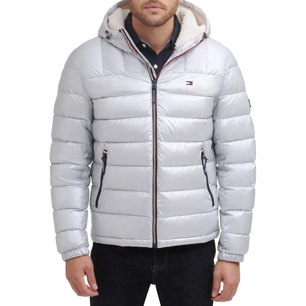imageTommy Hilfiger Mens Midweight Sherpa Lined Hooded Water Resistant Puffer JacketPearlized Grey