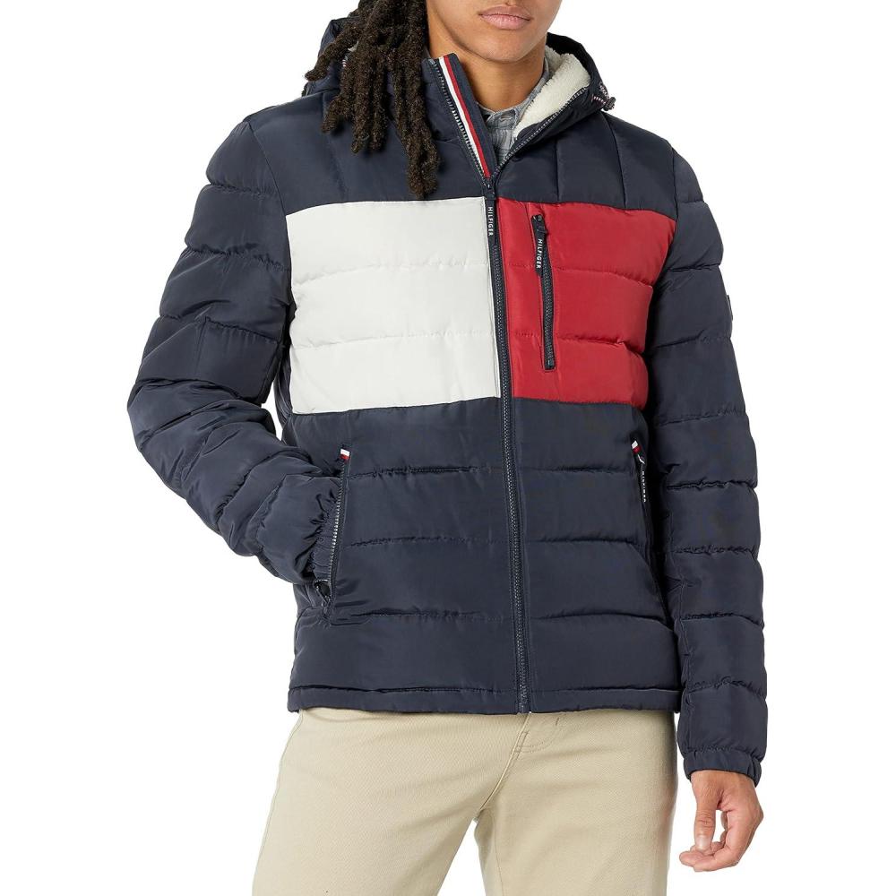imageTommy Hilfiger Mens Midweight Sherpa Lined Hooded Water Resistant Puffer JacketTommy Flag Combo Tech
