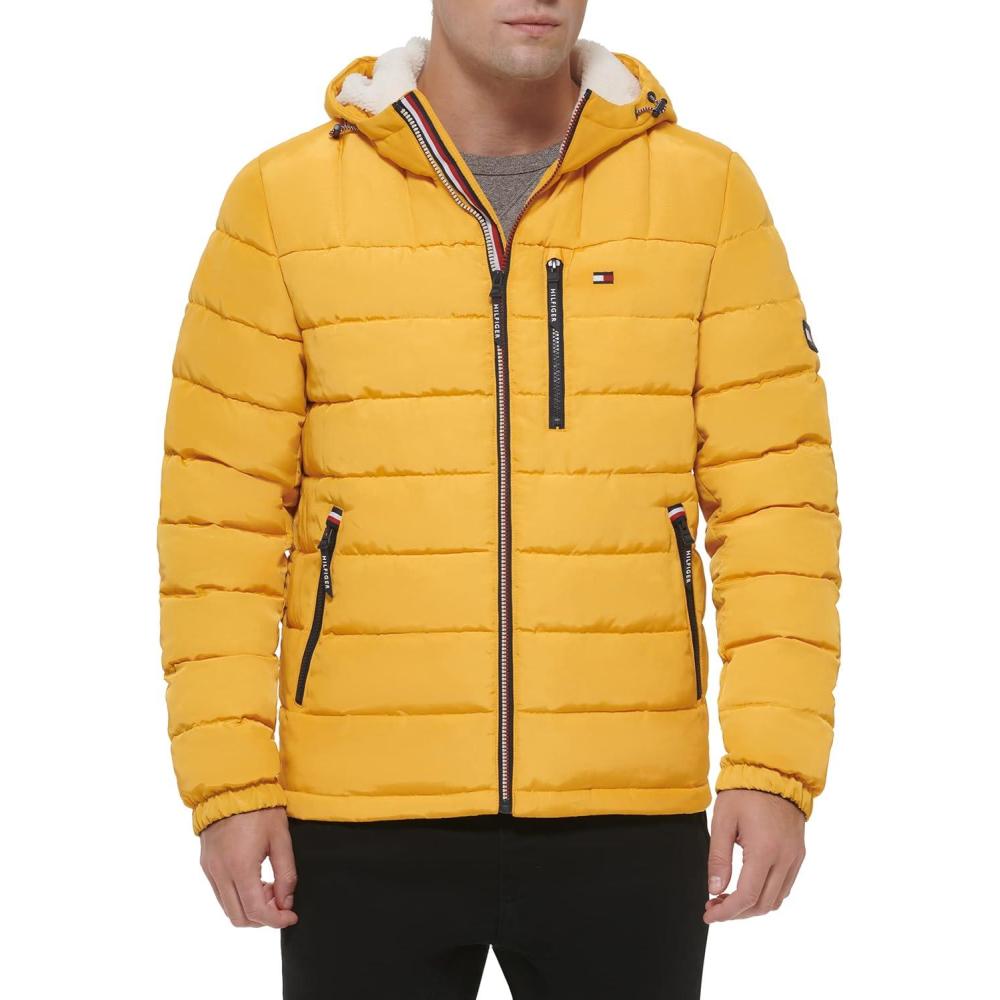 imageTommy Hilfiger Mens Midweight Sherpa Lined Hooded Water Resistant Puffer JacketYellow Tech