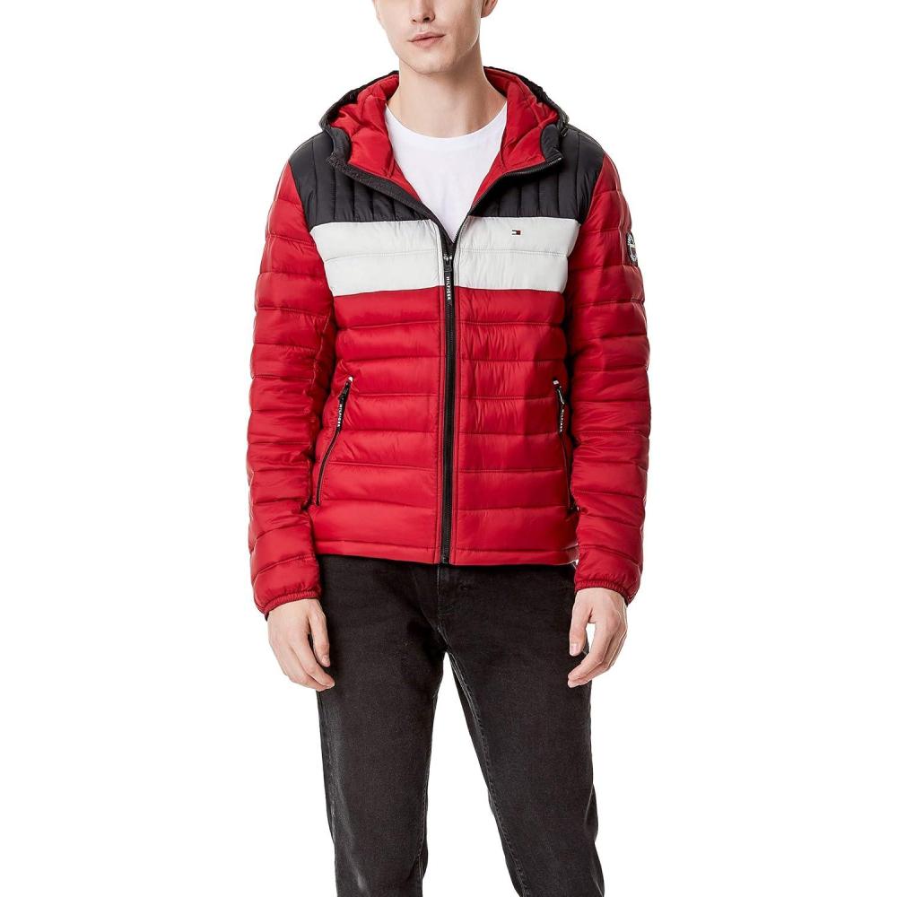 imageTommy Hilfiger Mens Water Resistant Ultra Loft Filled Hooded Puffer JacketBlackIceRed Colorblock