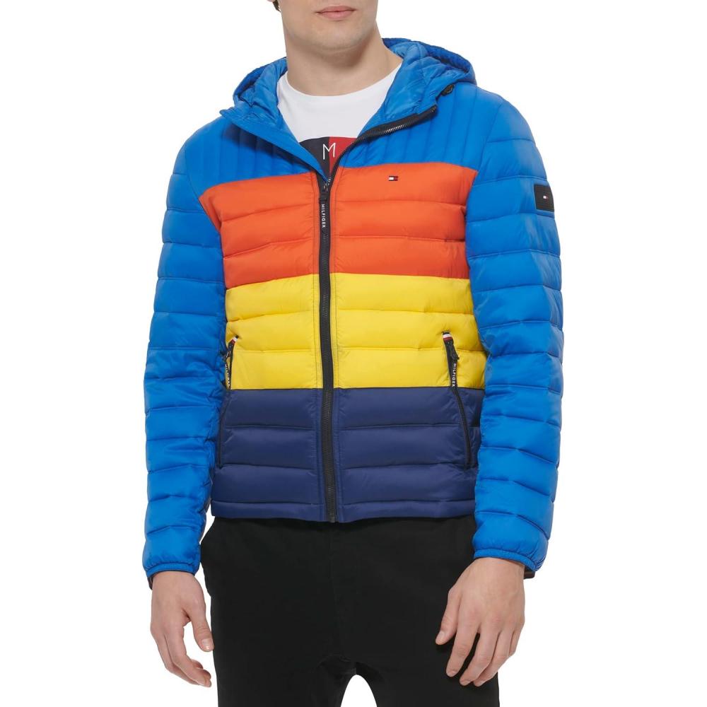 imageTommy Hilfiger Mens Water Resistant Ultra Loft Filled Hooded Puffer JacketBlue Multi Colorblock