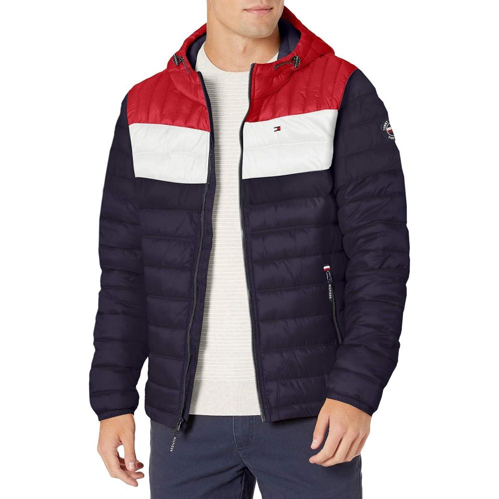 imageTommy Hilfiger Mens Water Resistant Ultra Loft Filled Hooded Puffer JacketMidnightIceRed Flag Colorblock