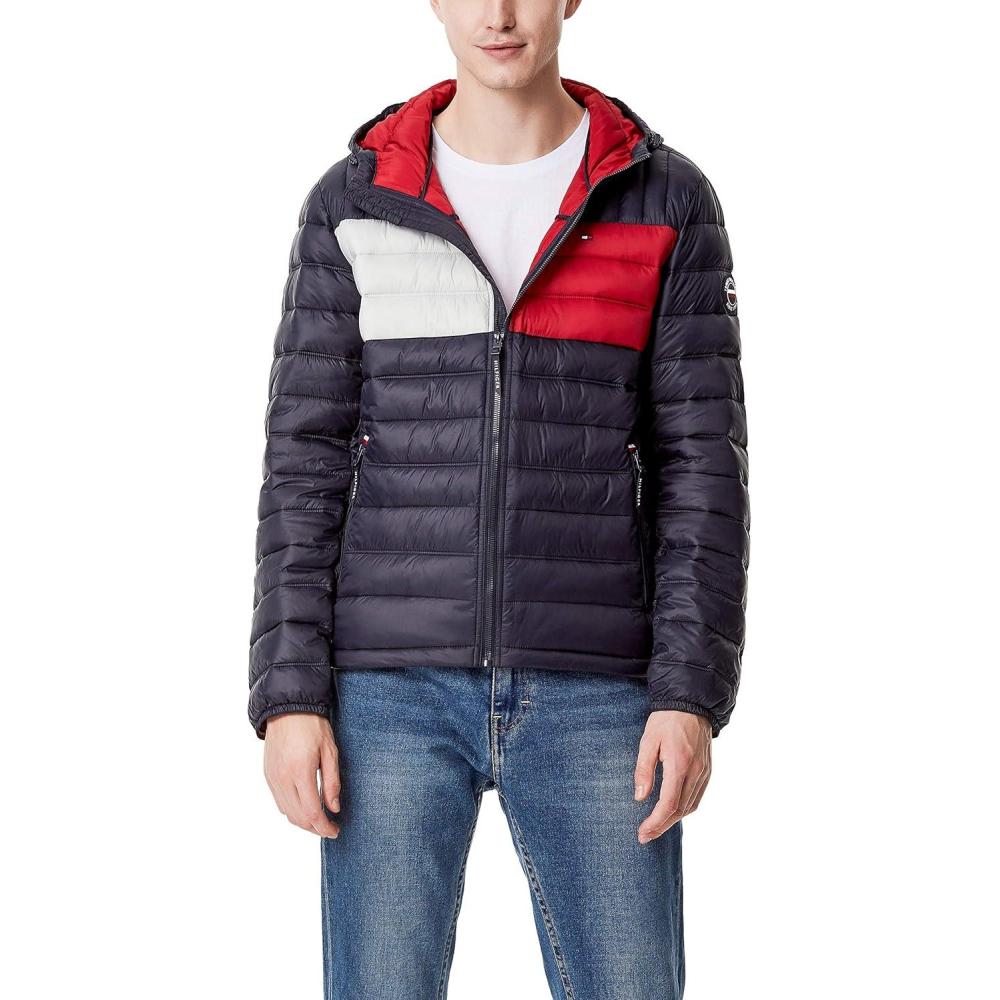 imageTommy Hilfiger Mens Water Resistant Ultra Loft Filled Hooded Puffer JacketNavy Flag Colorblock