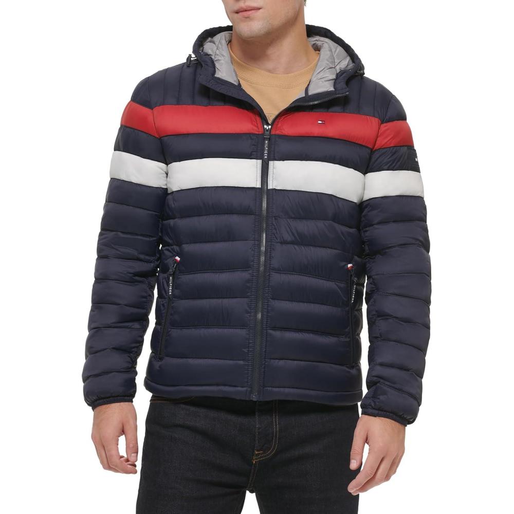 imageTommy Hilfiger Mens Water Resistant Ultra Loft Filled Hooded Puffer JacketNavyRed
