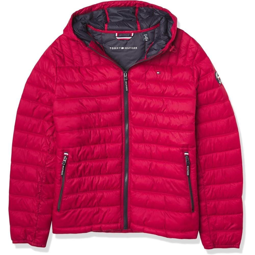 imageTommy Hilfiger Mens Water Resistant Ultra Loft Filled Hooded Puffer JacketRed Pepper