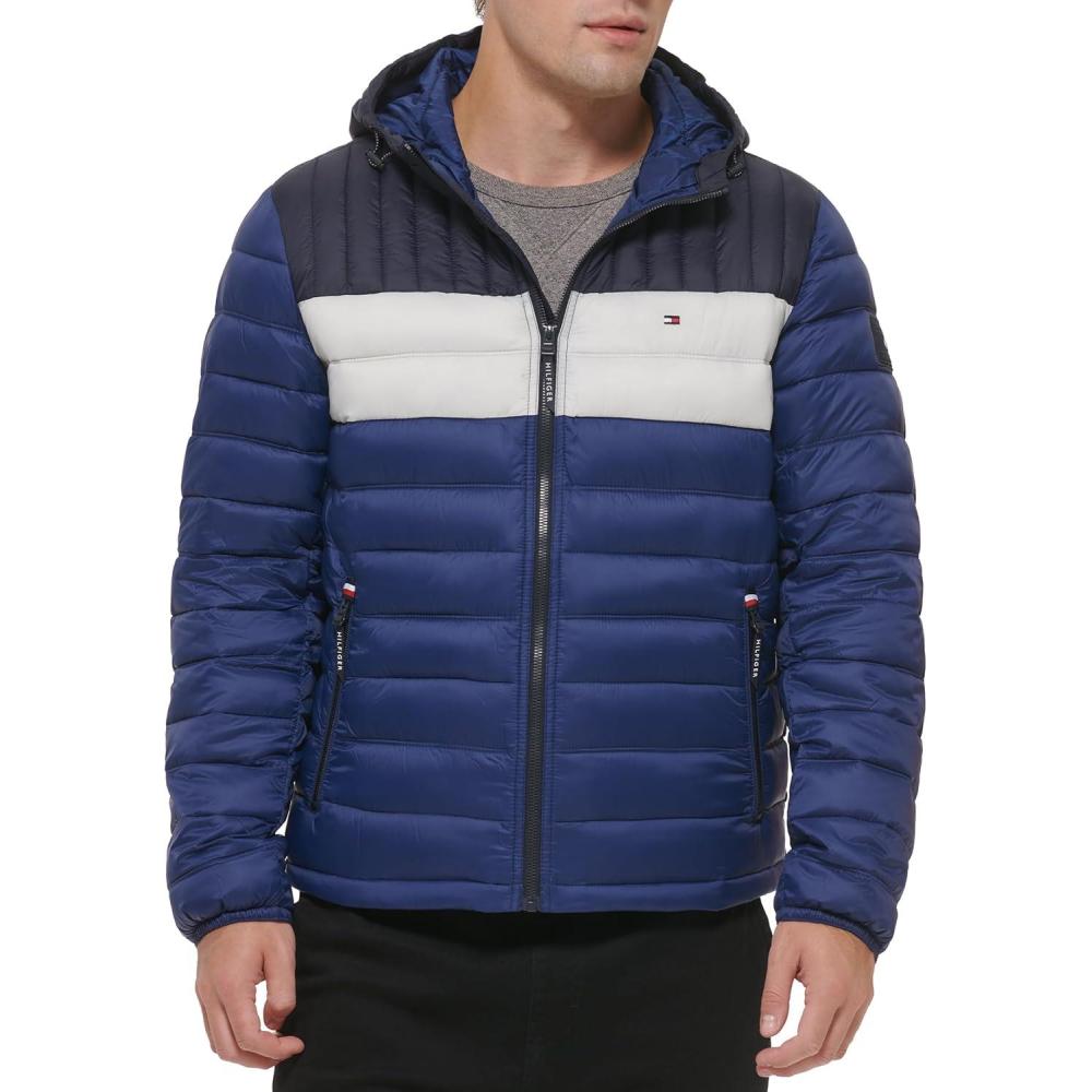 imageTommy Hilfiger Mens Water Resistant Ultra Loft Filled Hooded Puffer JacketRoyalIceNavy Colorblock