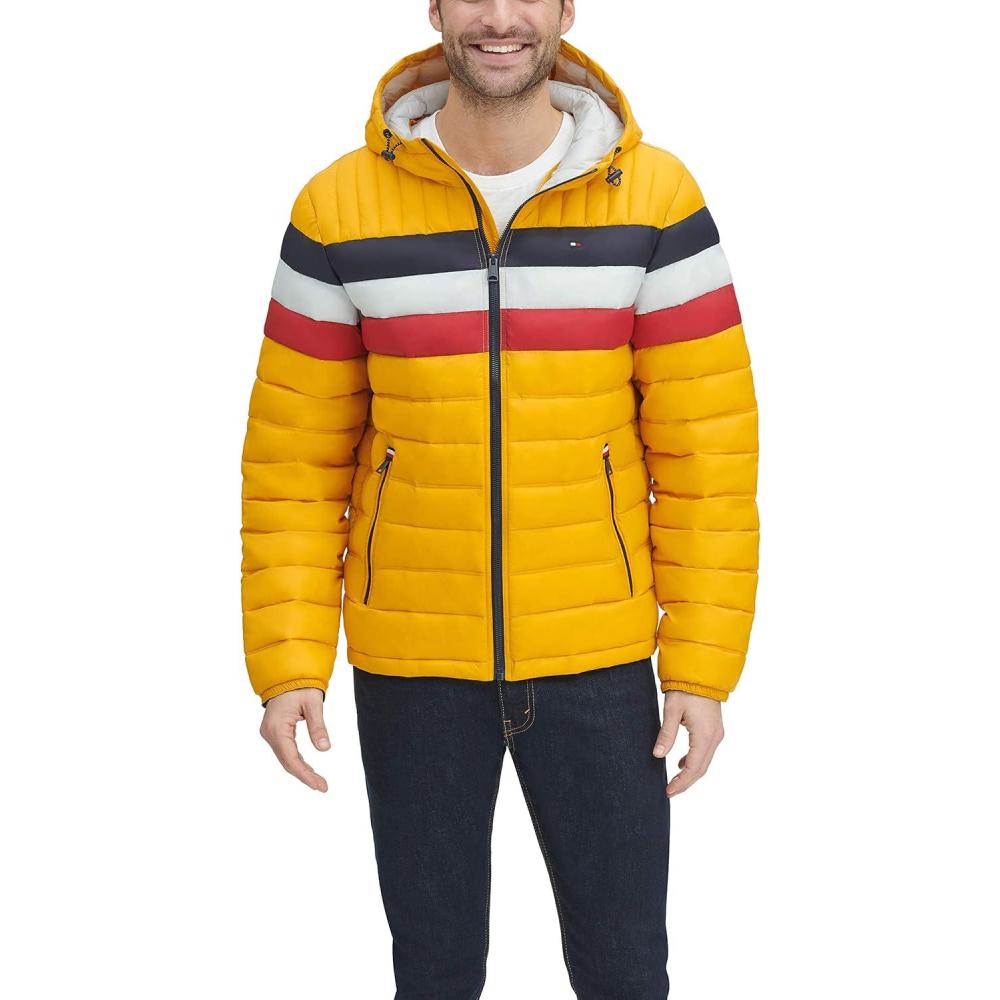 imageTommy Hilfiger Mens Water Resistant Ultra Loft Filled Hooded Puffer JacketYellow Tricolor Stripe
